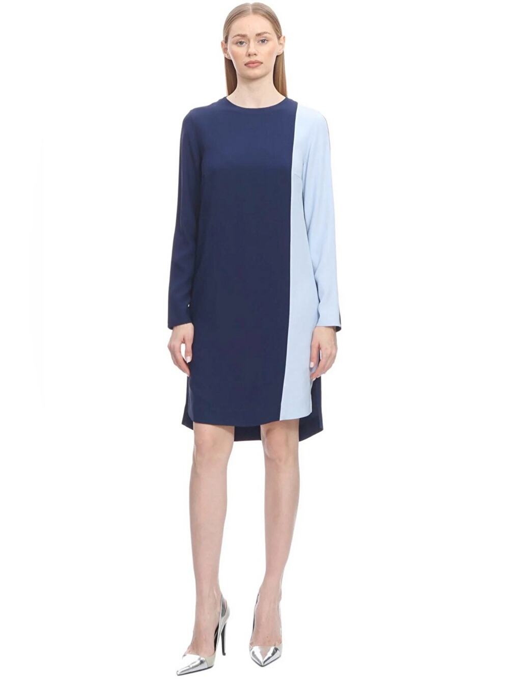 Akris Punto Indigo Sky Blue  Long Sleeve Colorblock Shift Dress 6